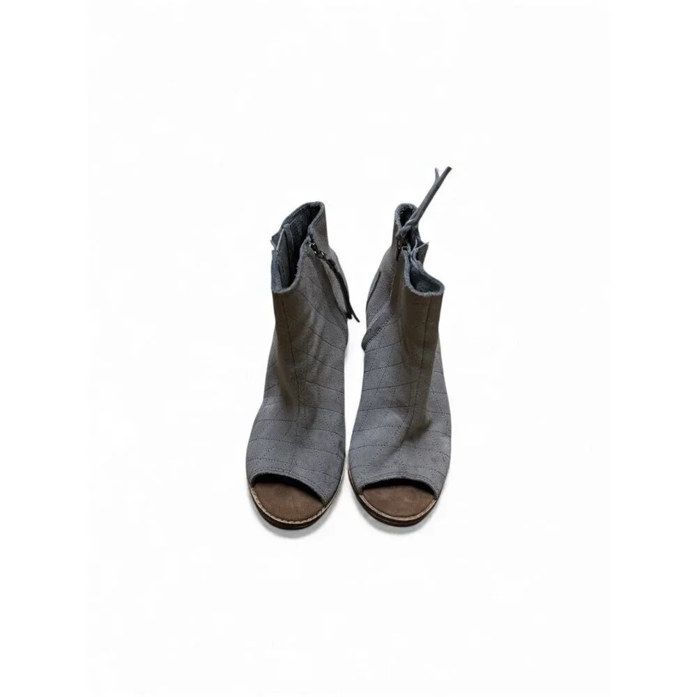 TOMS Gray Suede Peep Toe Ankle Booties Quilted Side Zip Block Heel 7.5